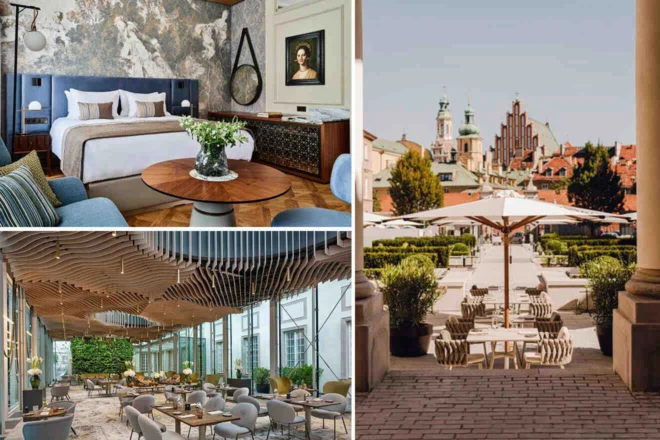 A collage of a luxury hotel room with modern decor, a stylish dining area with wooden ceiling accents, and an outdoor restaurant with tables under umbrellas overlooking a cityscape.