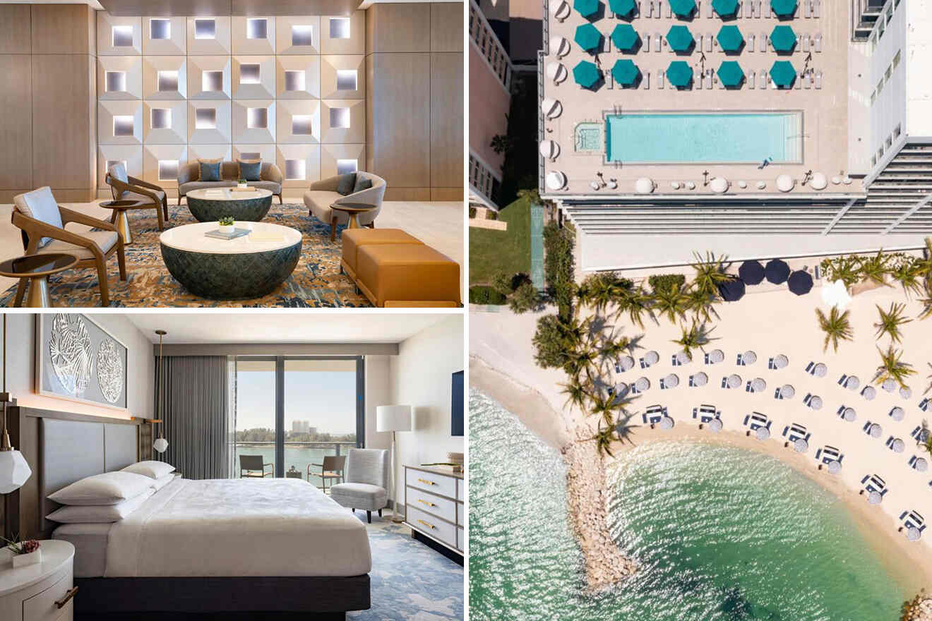 Collage showing a hotel lounge, rooftop pool, beachfront with chairs, and a bedroom with a large bed.