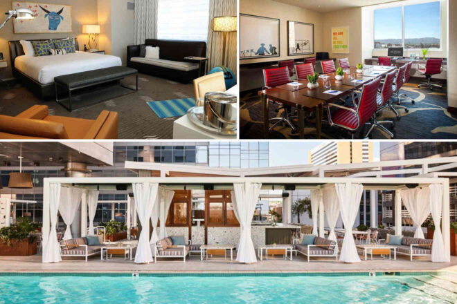 A collage of a hotel room with a bed and sofa, a conference room with a table and red chairs, and a poolside area with cabanas.