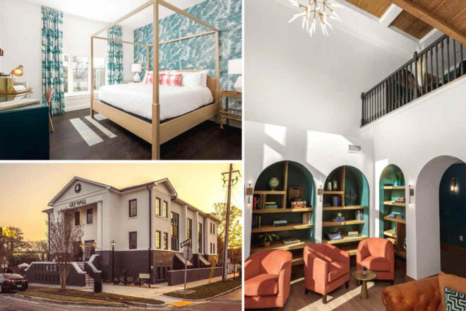 Collage of a bedroom with canopy bed, a building exterior, and an interior with arched bookshelves and orange chairs.