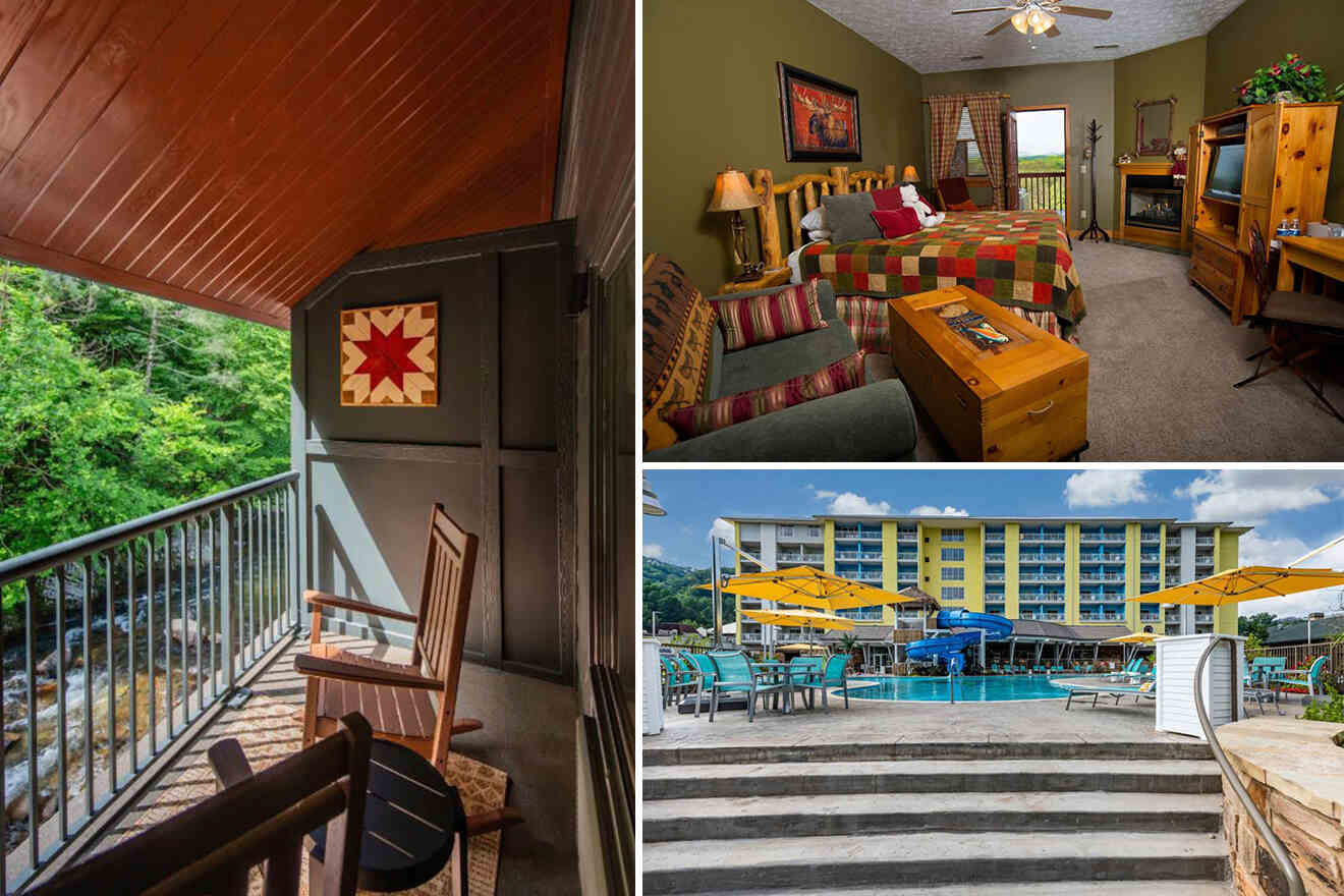 Composite image of a cozy hotel room, a balcony with chairs overlooking a creek, and an outdoor pool area with yellow umbrellas and a hotel building in the background.