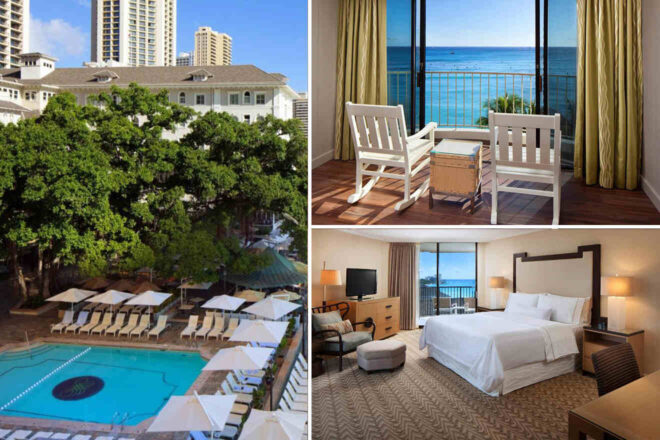 Collage of a hotel with a pool, a bedroom with ocean view, and a balcony with chairs overlooking the sea.