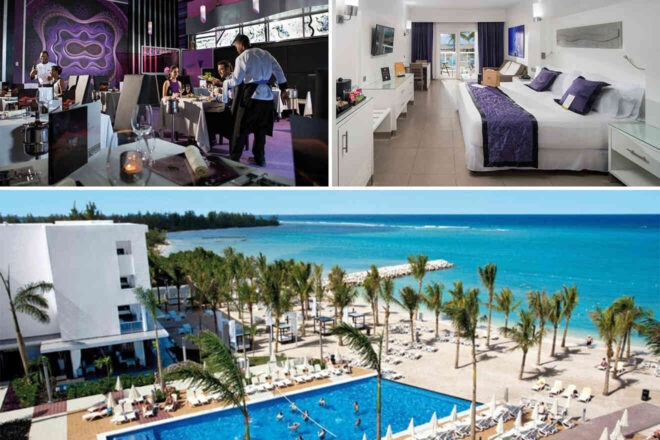 Collage of a resort featuring a restaurant with people dining, a modern hotel room, and a poolside view overlooking the beach and ocean.