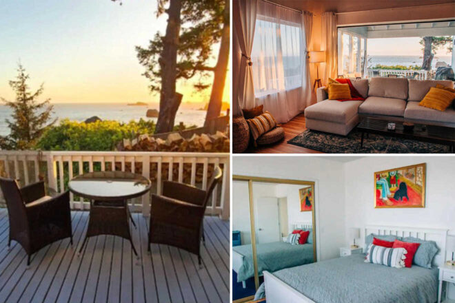 Collage: Sunset over ocean from deck; cozy living room with sectional sofa; bedroom with mirrored closet and colorful artwork.