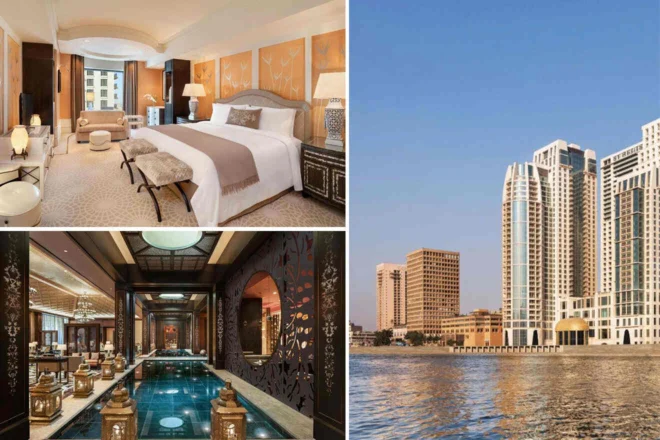 Luxurious hotel room, elegant restaurant interior, and a view of a waterfront with modern high-rise buildings.