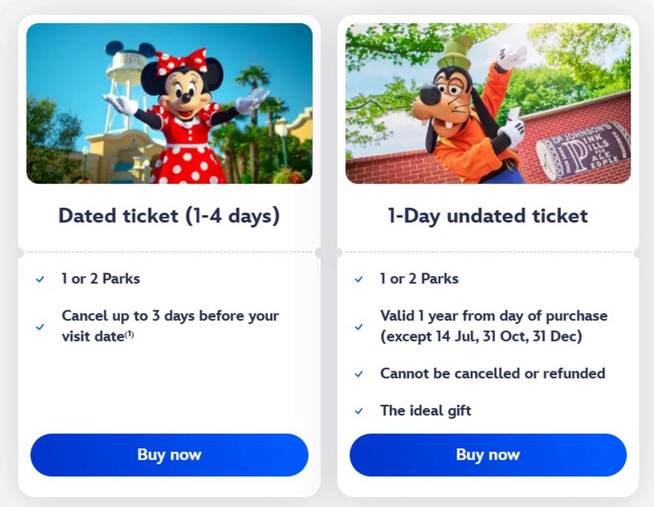 Comparison of dated and undated Disney tickets with details on cancellation policies, park access, and purchase conditions.