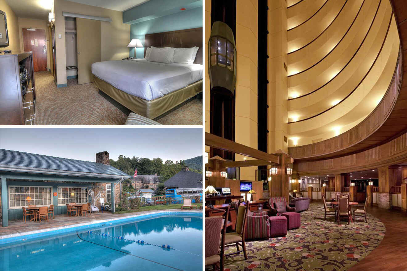 Collage of a hotel room, an outdoor swimming pool, and a hotel lobby with curved architecture.