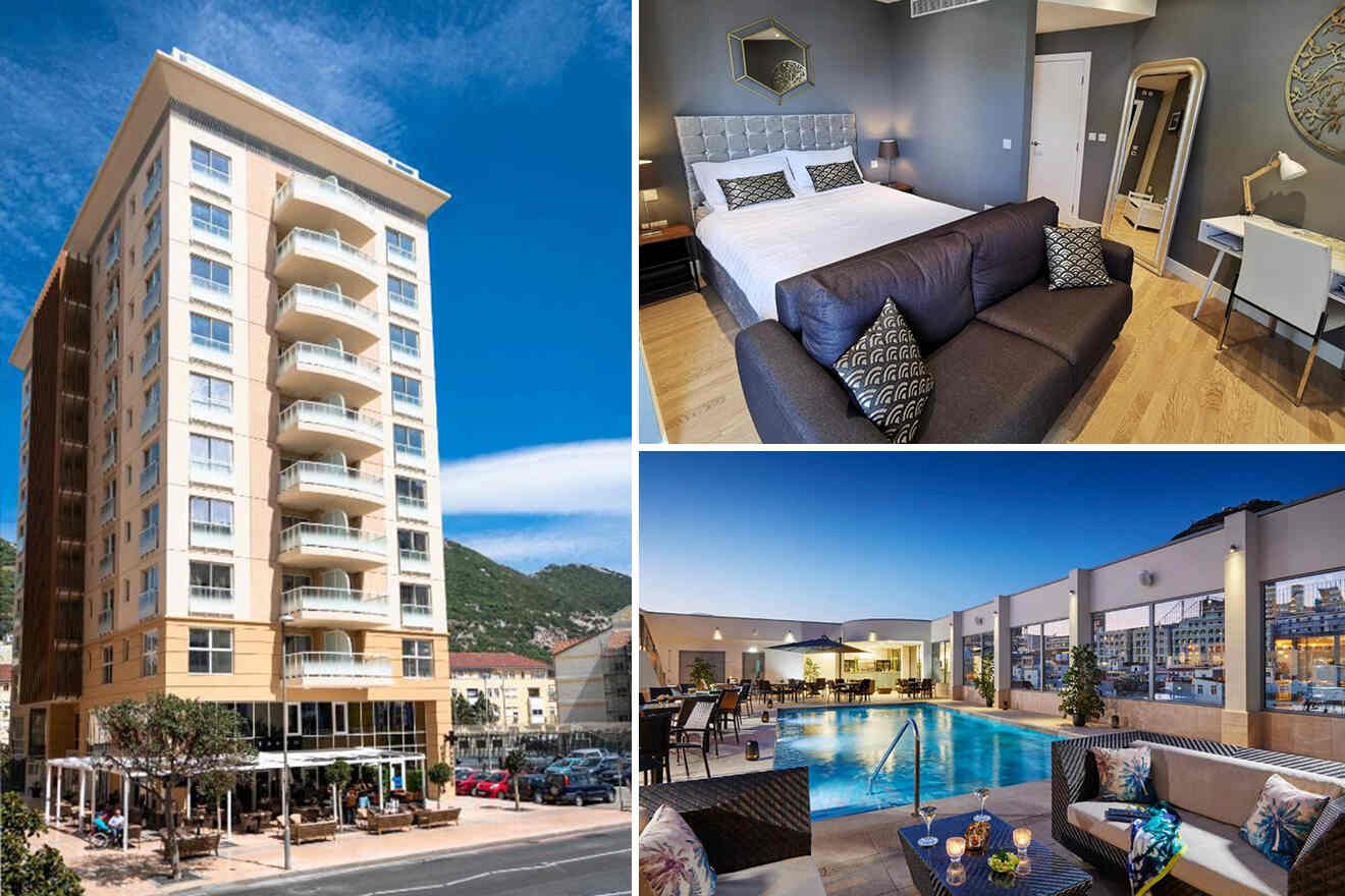 Collage of a multi-story hotel building, a modern hotel room with a bed, and a rooftop pool area with seating.