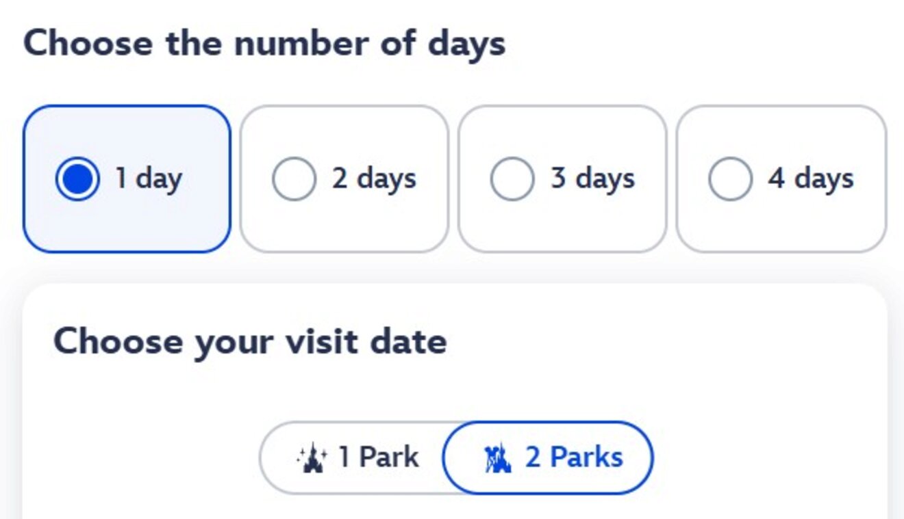 Options for selecting visit duration and park type, featuring selectable buttons for 1 to 4 days and choices for 1 Park or 2 Parks.