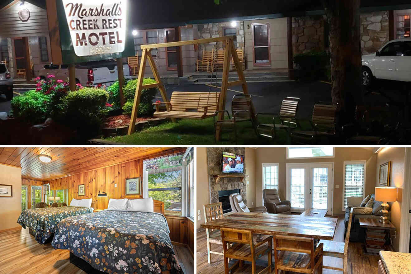 Collage of Marshall's Creek Rest Motel exterior at night, a cozy bedroom with two beds, and a rustic living room with seating and a dining table.