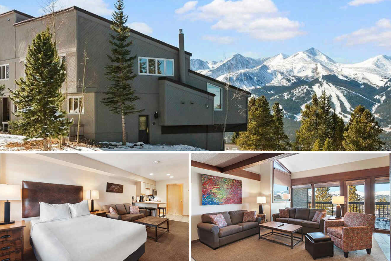 A mountain resort with snowy peaks in the background, featuring an exterior view, a bedroom with a bed and sofa, and a living room with couches and large windows.