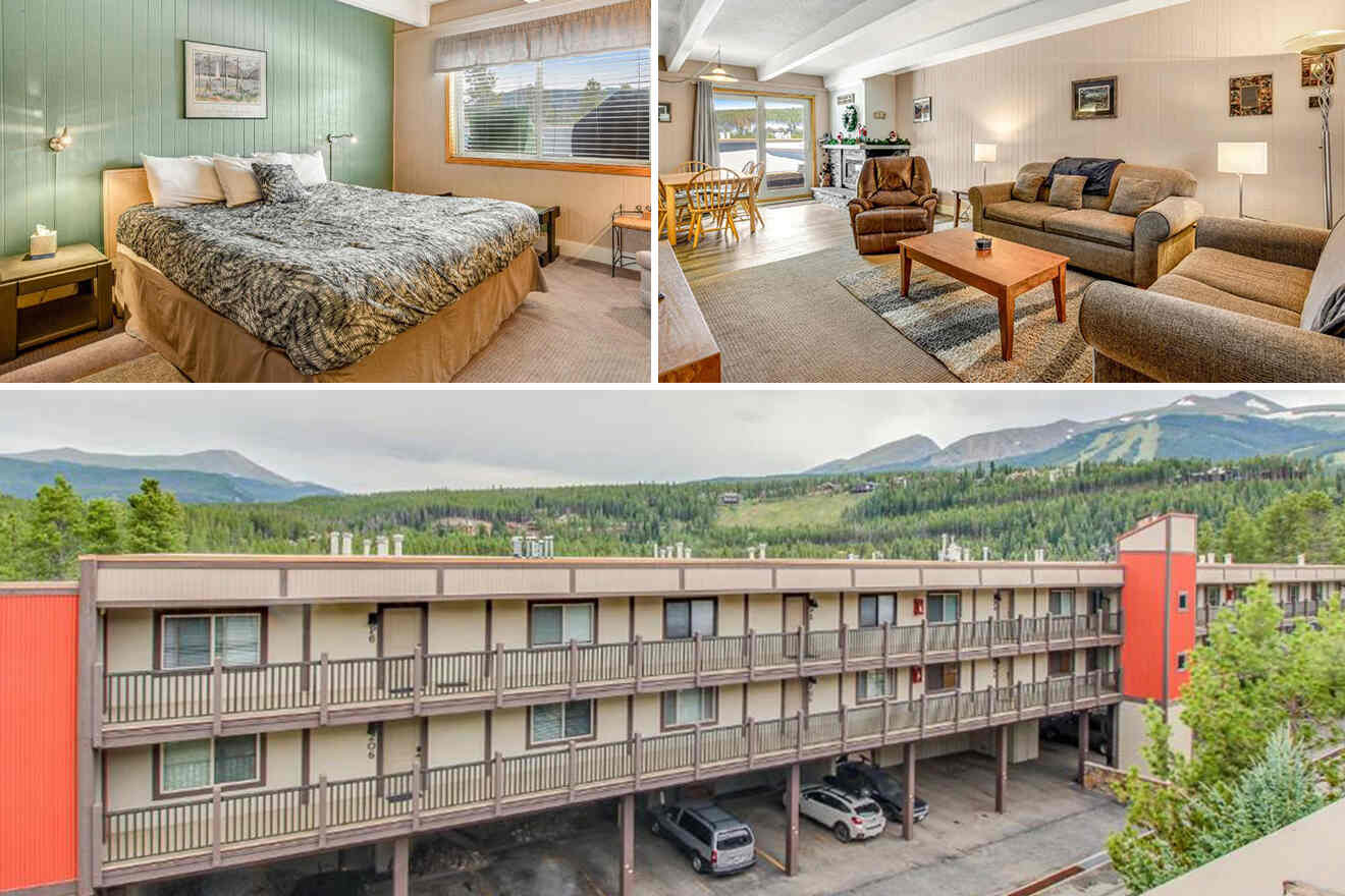 A hotel room with a double bed, a sitting area with two couches, and a view of mountains from a window. Exterior view of a motel-style building with parked cars underneath.