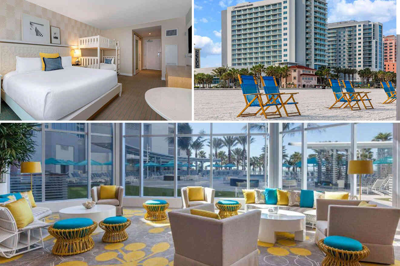 Collage of a hotel room, an exterior view with beach chairs, and a lobby with colorful seating and tables.