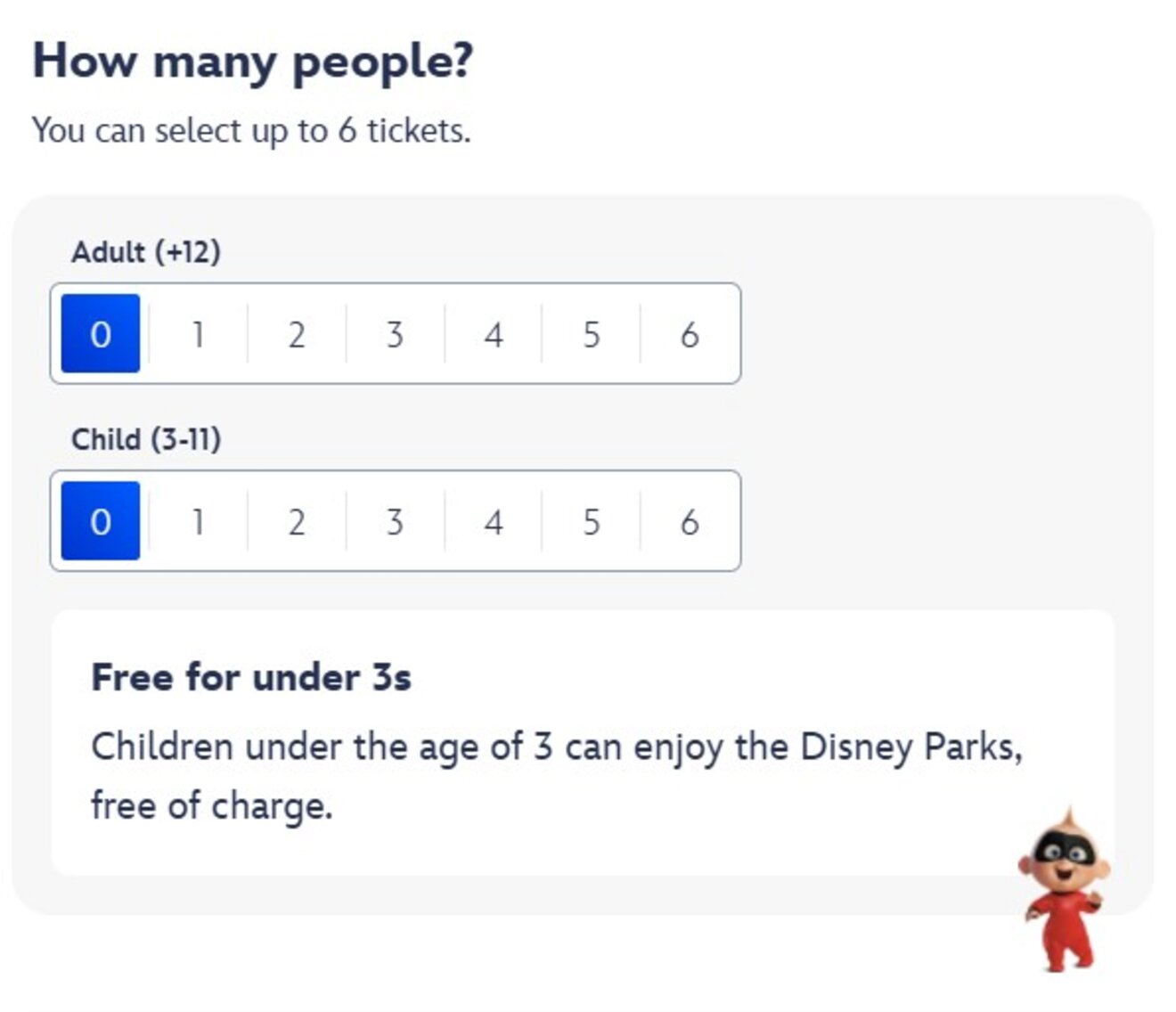 Ticket selection interface showing options for up to 6 adult and child tickets. Notice states children under 3 enjoy Disney Parks free.