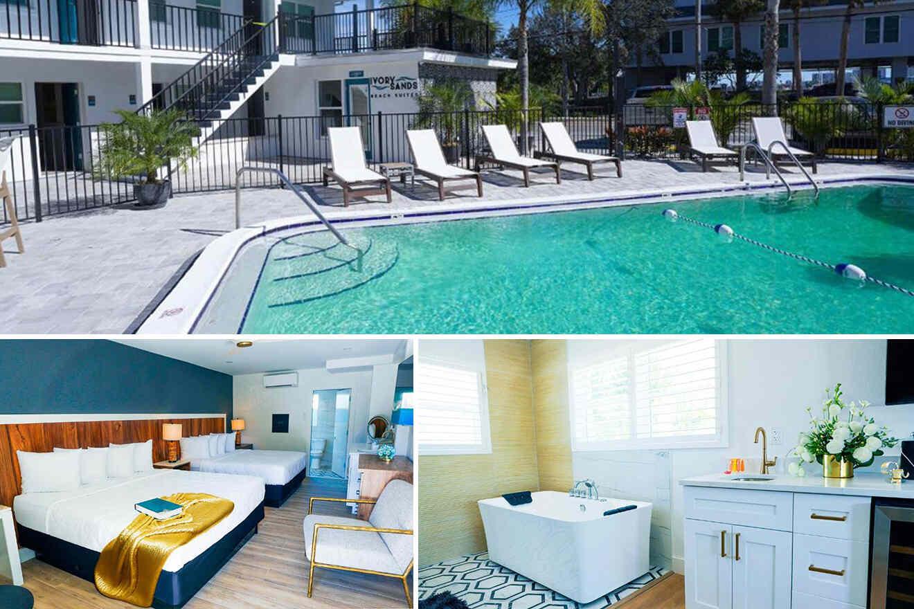 Collage showing a hotel pool with lounge chairs, a guest room with two beds, and a bathroom featuring a bathtub and sink.