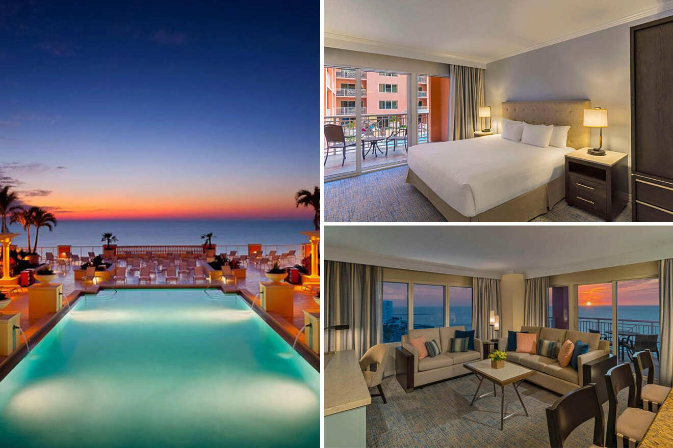 Luxurious hotel with a stunning ocean sunset view, a large pool, a spacious bedroom with a balcony, and a comfortable living area.