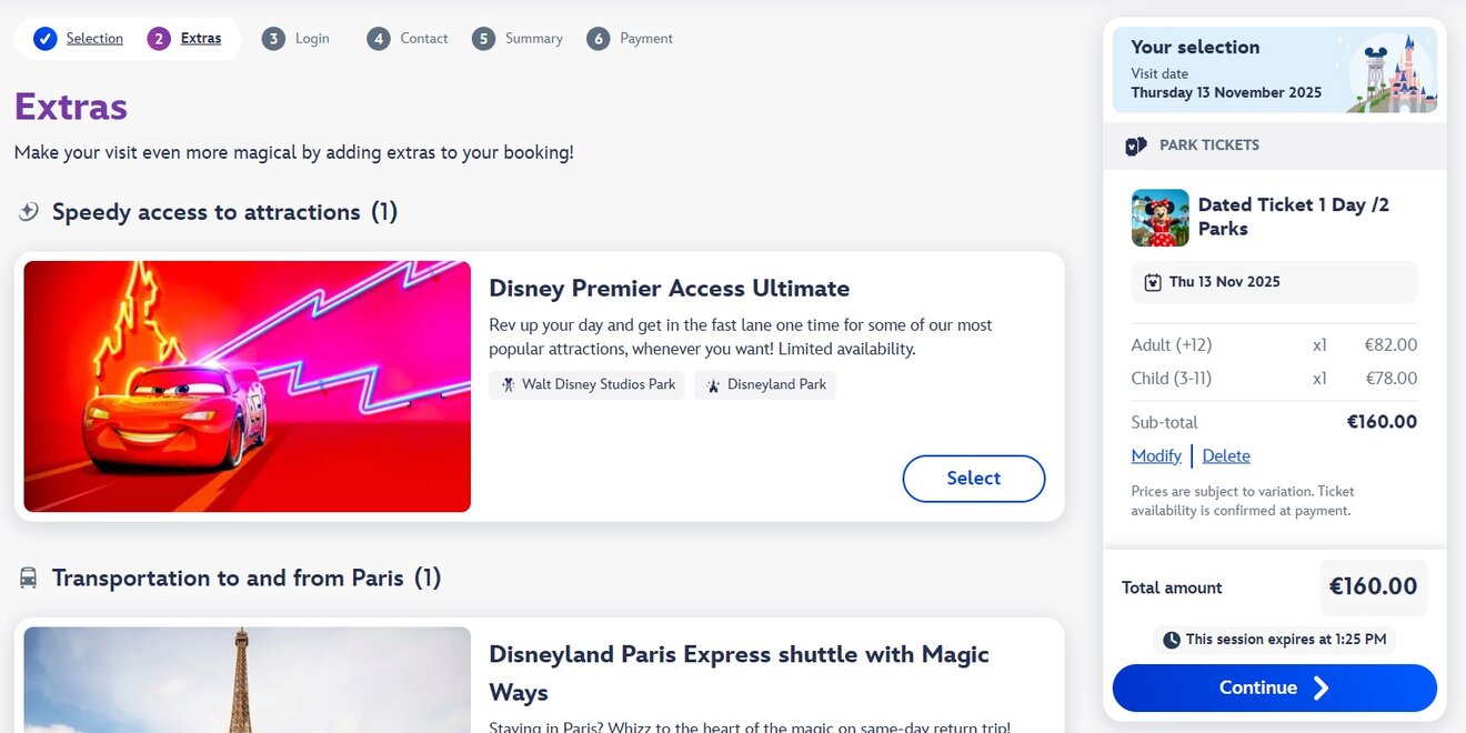 Screenshot of an online booking page for Disneyland, showing ticket options for speed access to attractions and transportation to and from Paris, with pricing and selection details.