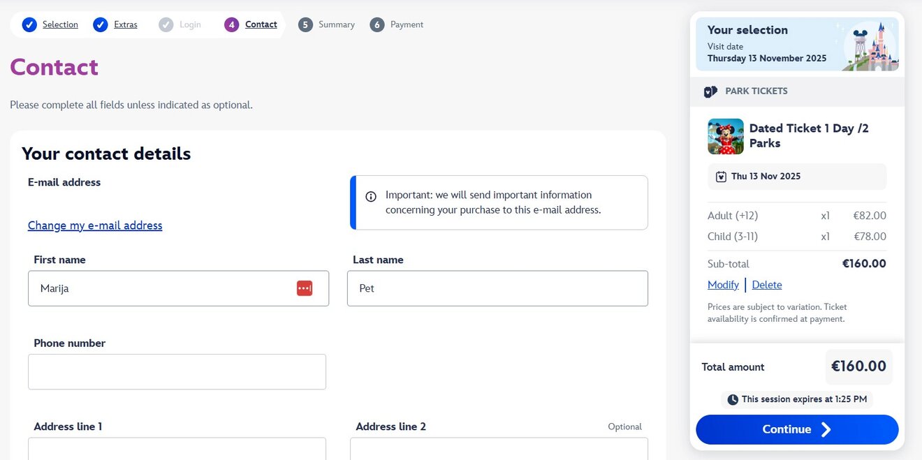 Contact form page for booking tickets, showing fields for email, first name, last name, and address. Sidebar displays ticket selection with details and total cost, and a "Continue" button.