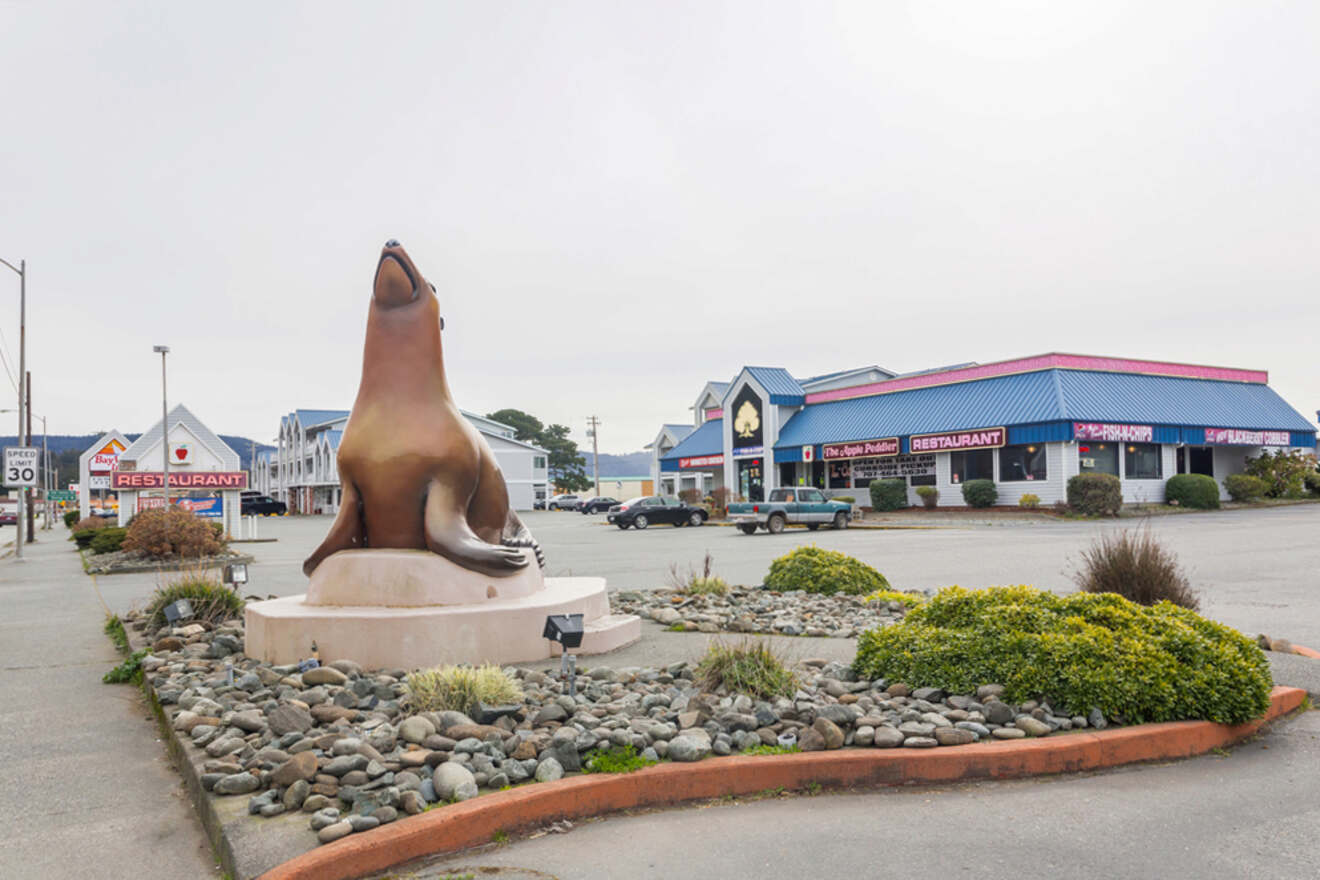 A large bronze sea lion statue sits on a rocky base near a roadside, with shops and a restaurant in the background.