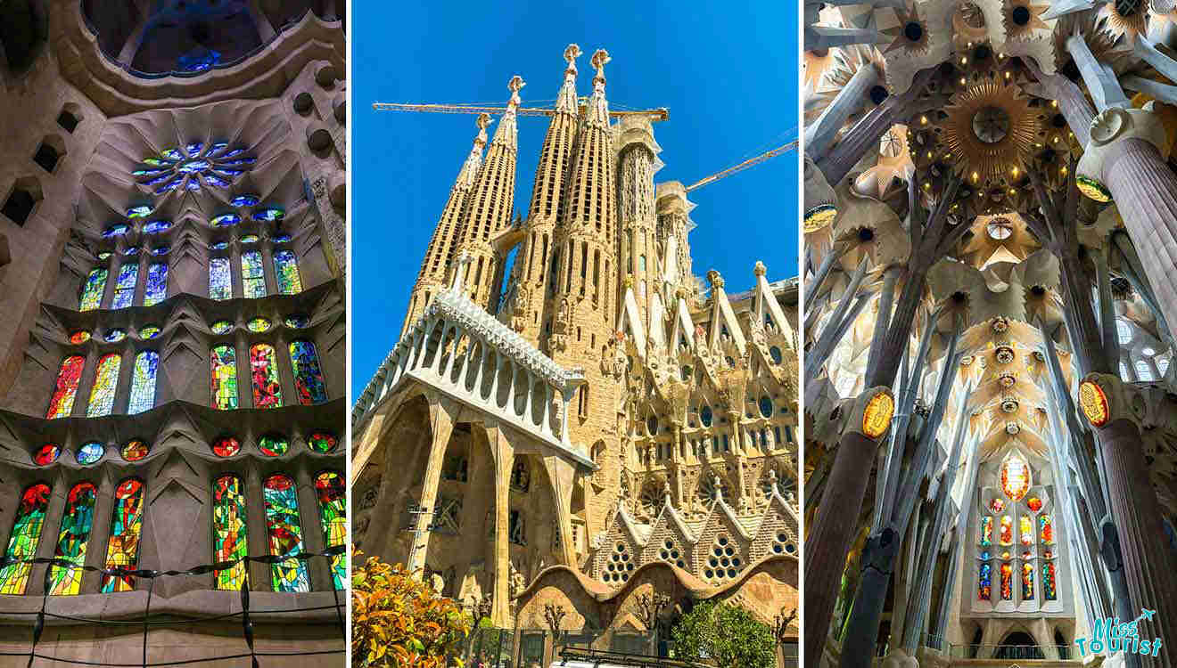 Three views of the Sagrada Familia: stained glass windows inside, the intricate exterior facade, and the interior ceiling with columns.