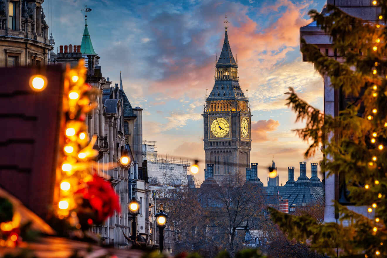 A view of Big Ben at sunset, surrounded by festive decorations and lights, with a partly cloudy sky in the background.