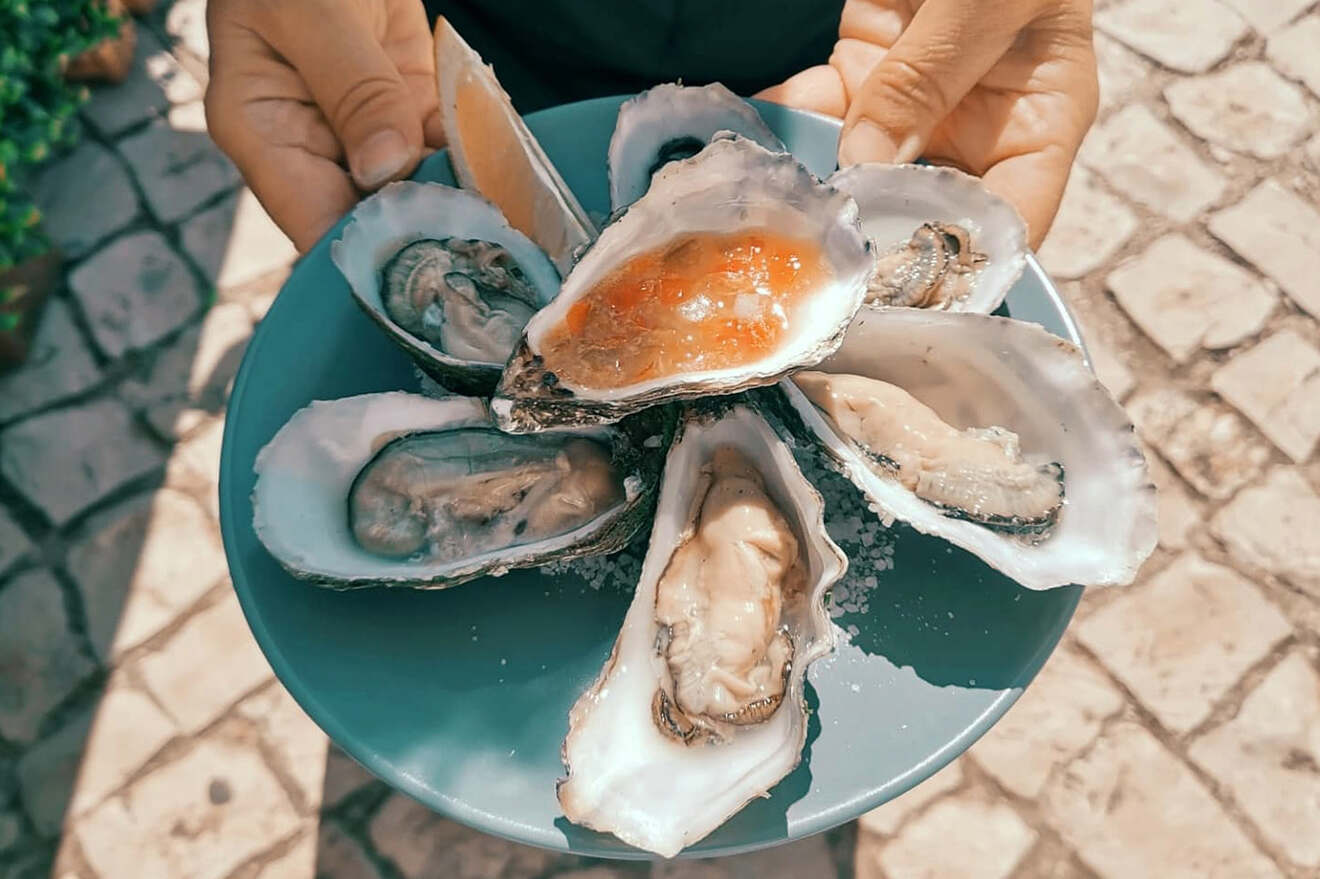 A person holds a plate of opened oysters on ice, garnished with a sauce.