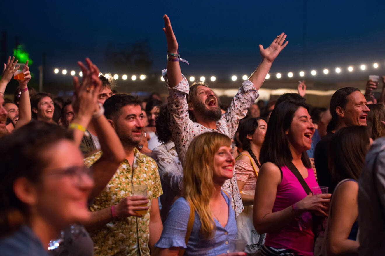 A crowd enjoying a concert at night, with string lights overhead. One person is enthusiastically raising their arms.