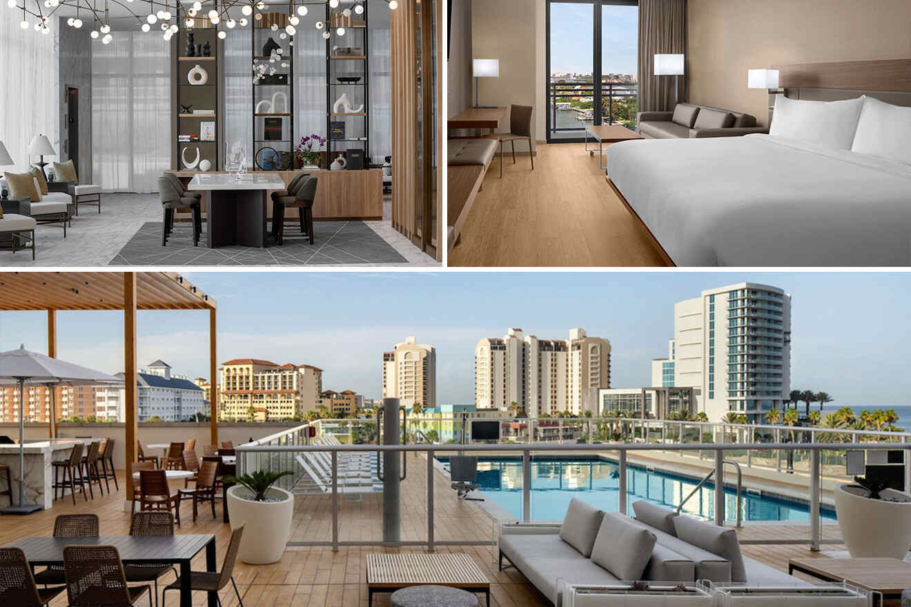 Collage of a modern hotel interior and exterior: a stylish lobby, a minimalist bedroom, and a rooftop patio with a cityscape view.