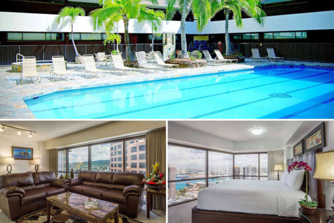 Collage of a hotel pool with lounge chairs, a modern living room with leather sofas, and a bedroom with a king-sized bed overlooking a cityscape.