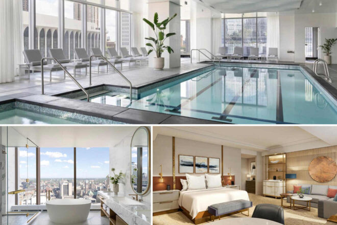 Indoor pool with lounge chairs, a modern bathroom with a city view, and a luxury hotel room with a king-size bed.