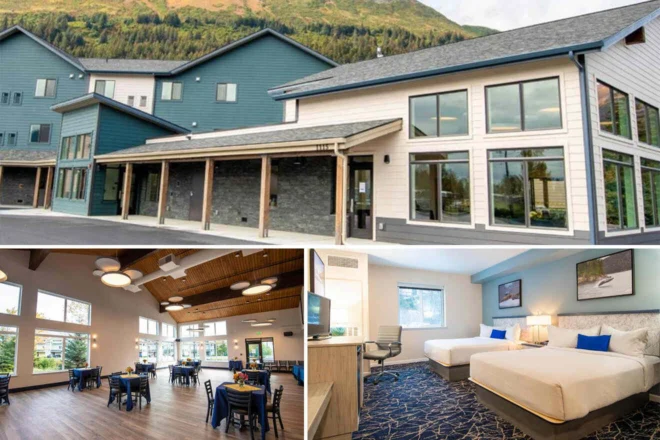 A modern hotel exterior with large windows, a dining area with wooden ceilings and tables, and a guest room featuring two beds with blue accents.