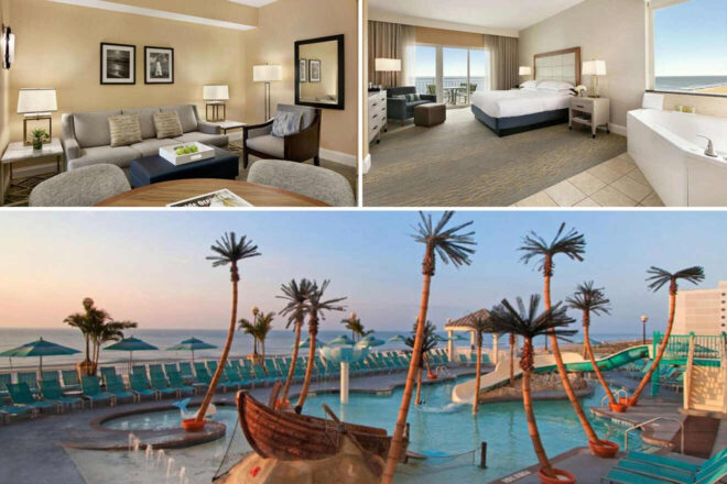 A hotel suite with seating, a bedroom with a sea view and bathtub, and an outdoor pool area featuring palm trees and water slides.