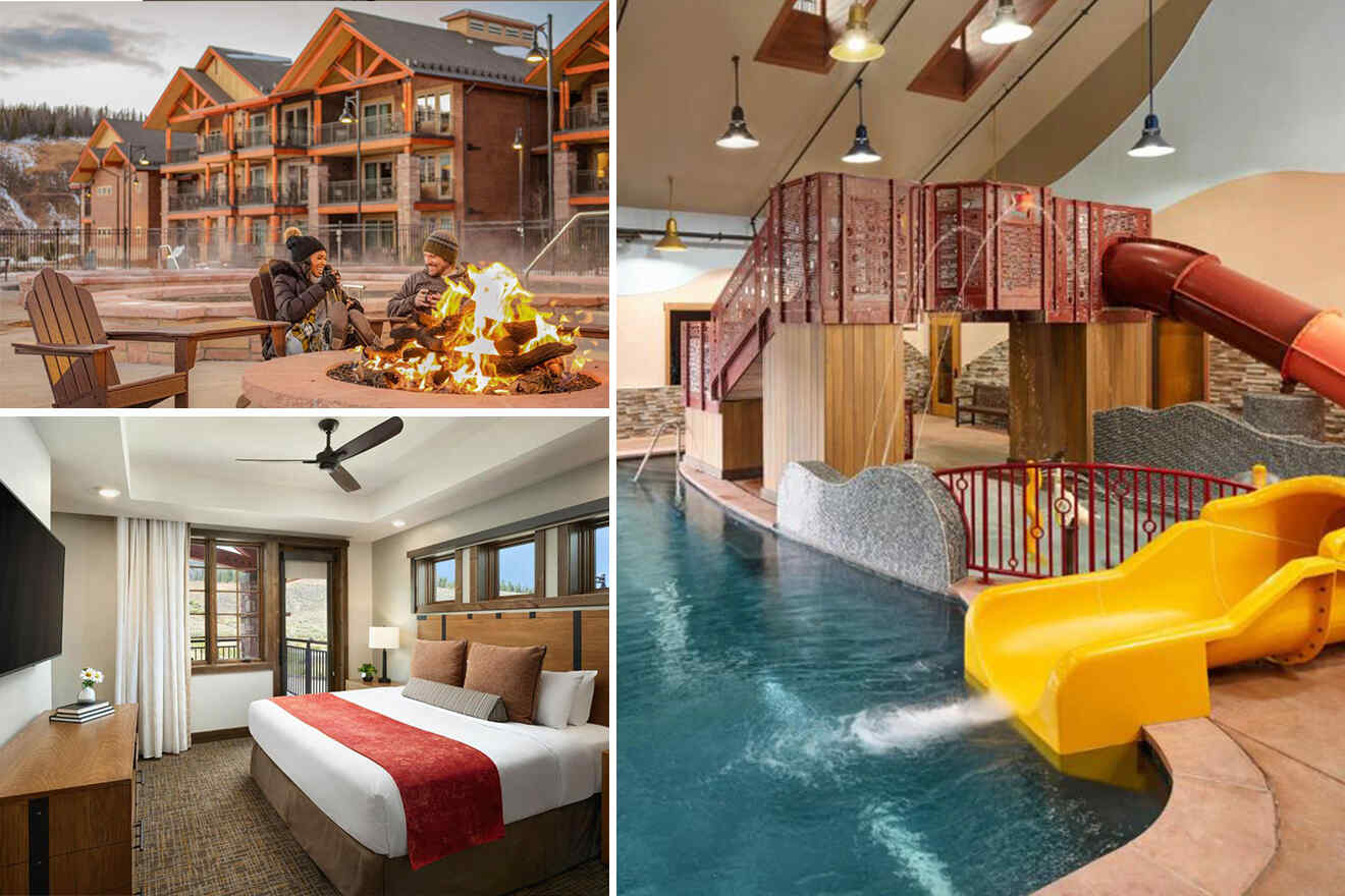 Collage of a resort featuring a fire pit lounge, a bedroom with red accents, and an indoor water park with slides.