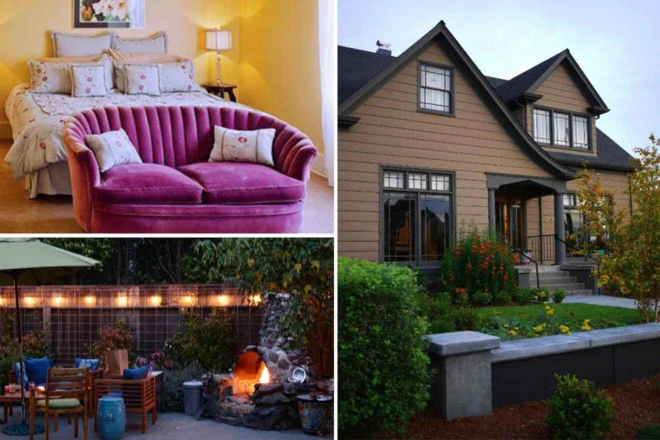 Collage of a cozy bedroom, a cottage-style house exterior, and a backyard patio with seating and a fire pit.