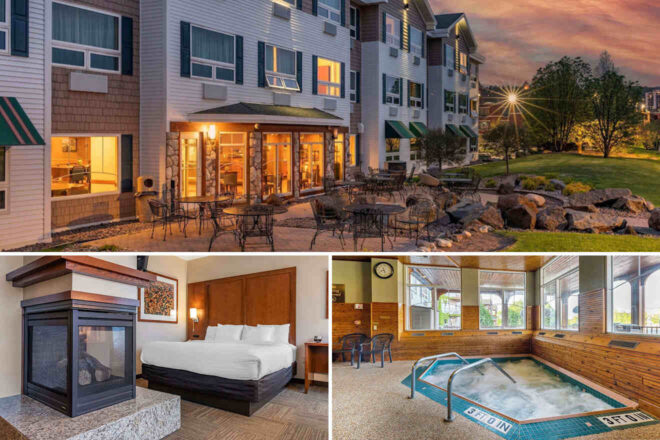 Exterior of a hotel with patio seating at sunset, a cozy bedroom with a fireplace, and an indoor hot tub in a wooden room.