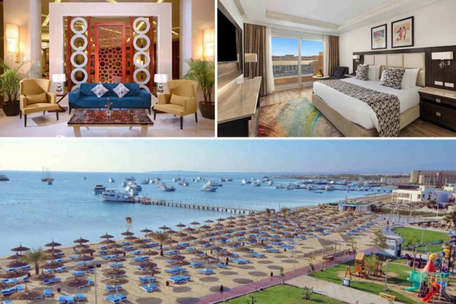 Collage of a hotel lobby, a bedroom with a scenic view, and a beach with umbrellas and boats in the water.