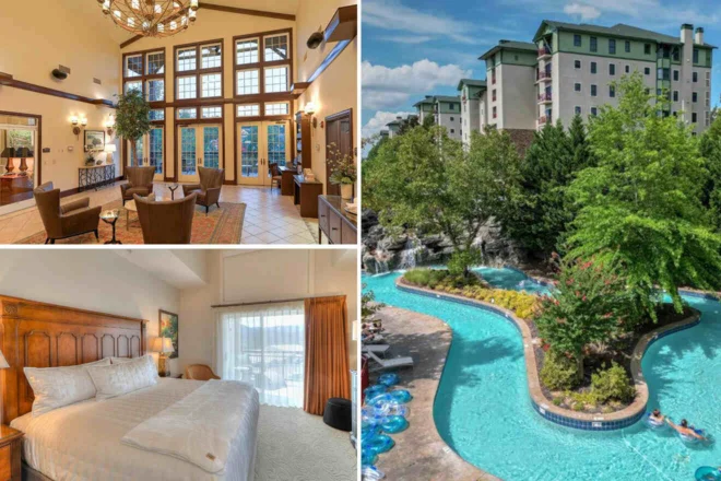 Collage of a hotel featuring a lobby with seating, a bedroom with a large bed, and an outdoor pool with a lazy river surrounded by greenery.