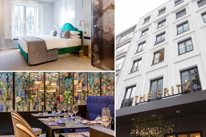 Collage of a luxury hotel room, exterior of "The Fritz" with signage, and a dining area with elegantly set tables and floral decorations.