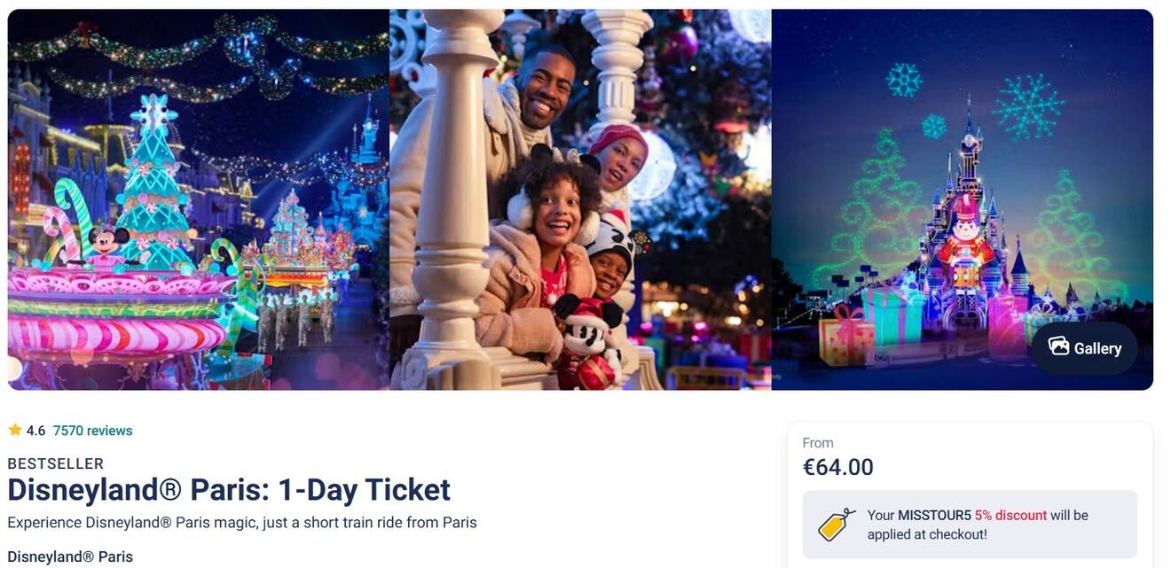 A family poses happily at Disneyland Paris with festive decorations. A nighttime parade and illuminated castle are visible. The ticket price starts from €64, with a discount available at checkout.