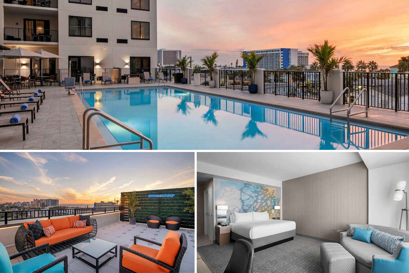 Collage of a hotel pool, a rooftop lounge with orange seating, and a modern hotel room with a bed and seating area.