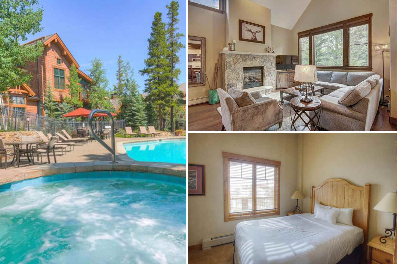 A lodge exterior with a pool, a cozy living room with a stone fireplace, and a bedroom with a wooden bed and white linens.