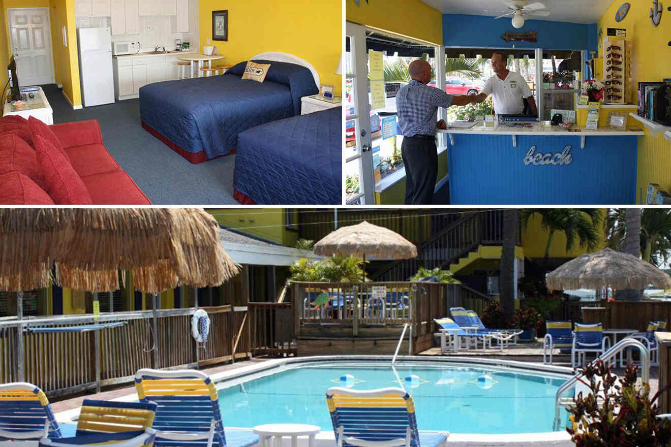 Top: Motel room with kitchenette, two beds, and a red sofa. Reception area with two men. Bottom: Outdoor pool with lounge chairs and tiki umbrellas.