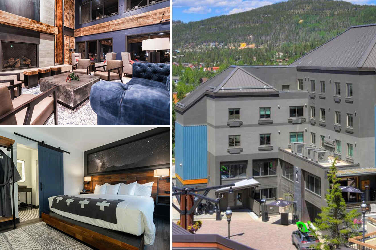 Collage of a modern hotel: cozy lobby with seating, a stylish bedroom with twin beds, and an exterior view of the building with mountains in the background.