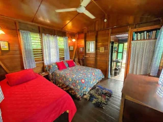 Wood-paneled room with a double bed, a single bed, colorful bedding, a ceiling fan, and windows with curtains. A small bookshelf and rugs are present.