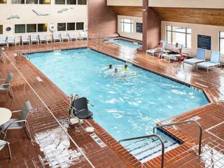 Indoor swimming pool with a few people in the water. Surrounding area has lounge chairs and tables. Walls are adorned with seagull decorations.