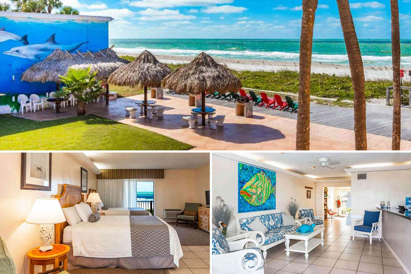 Beachside resort with tiki huts, ocean view, and lounge chairs. Lower images show a cozy bedroom and a decorated sitting area with beach-themed art.