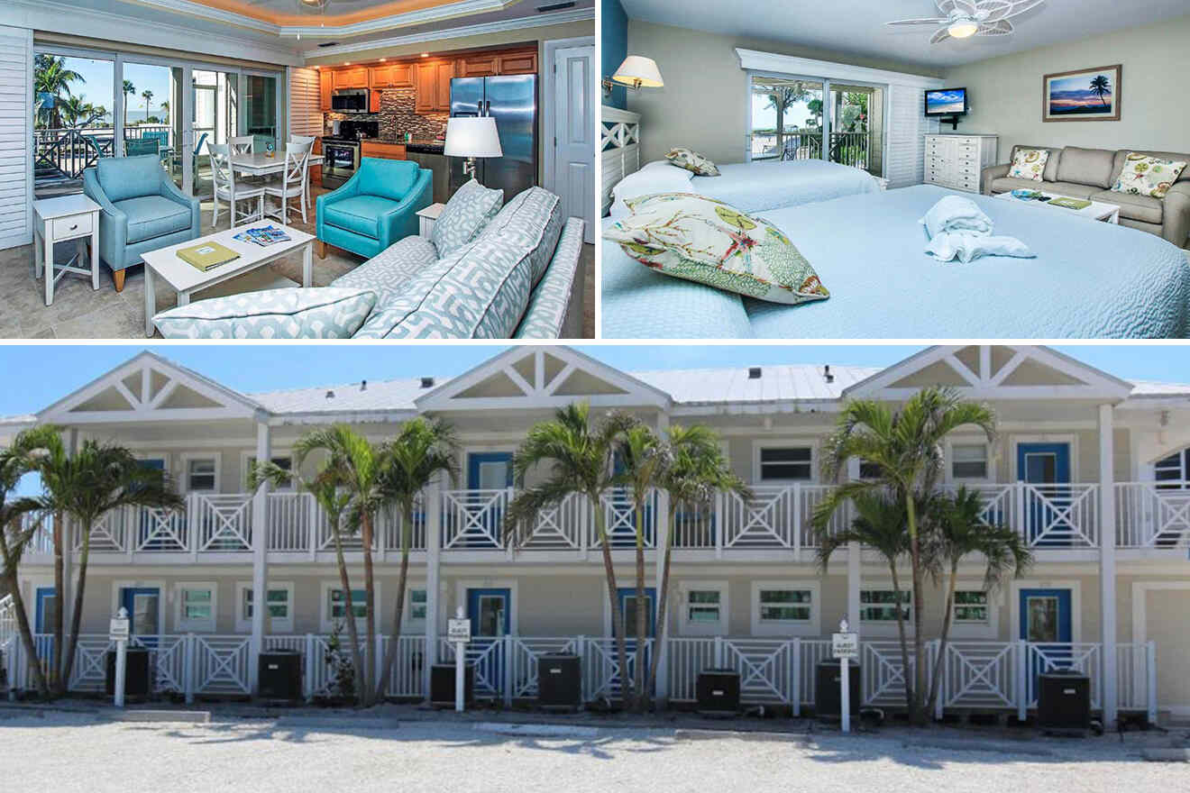 Collage of a vacation rental: living room and kitchen, bedroom with two beds, and exterior view of a multi-unit building with palm trees.