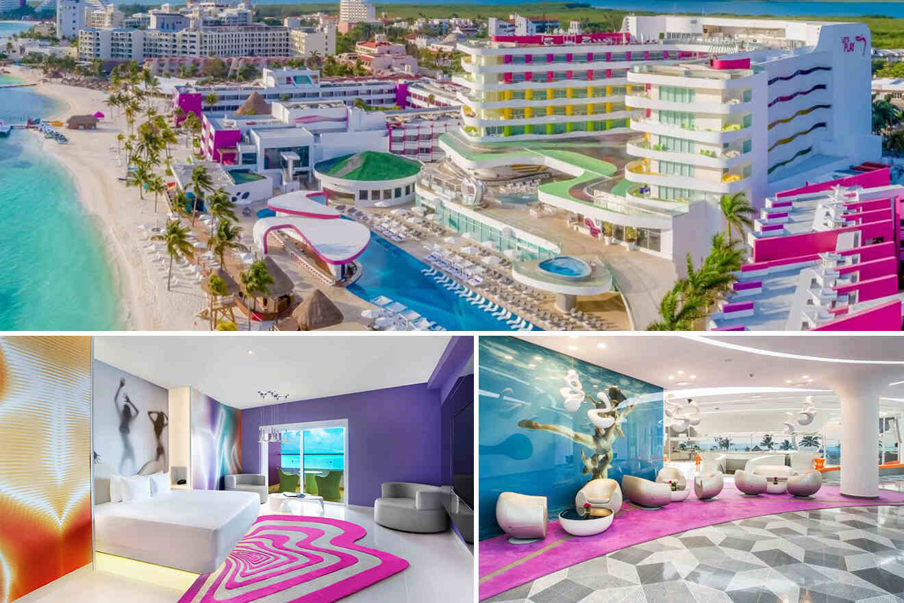 Aerial view of a vibrant beachfront resort with pink and white buildings, a pool, and palm trees; interior shots show a colorful guest room and modern lobby with unique seating arrangements.