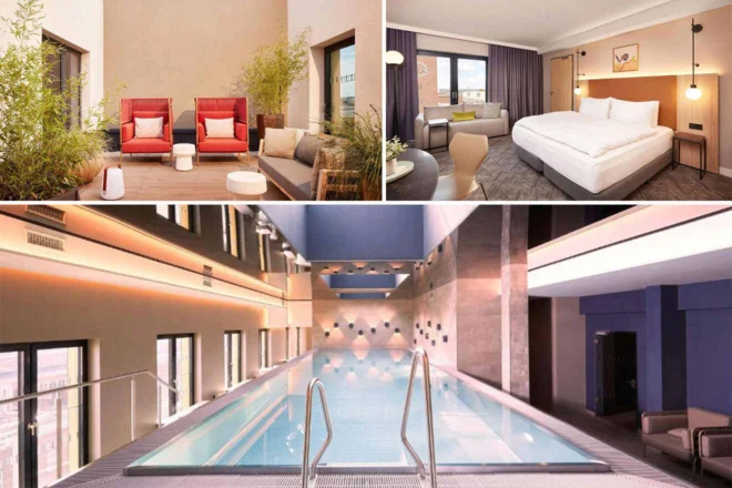 Collage of hotel spaces: outdoor seating area with red chairs, modern bedroom with large bed, indoor swimming pool with skylights.