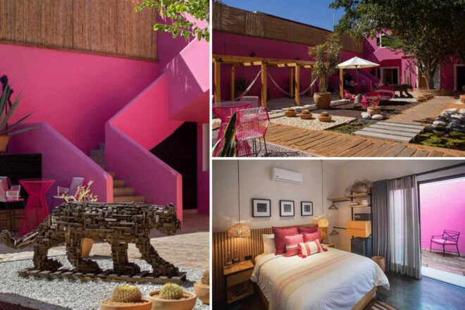 Collage of three images: a pink-walled courtyard with sculptures and seating, a wooden walkway with plants, and a bedroom featuring pink accents and a large window.